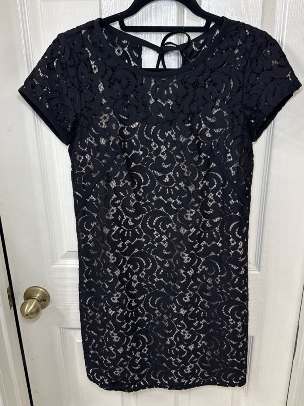 LOFT Black Lace Short-Sleeve Sheath Dress